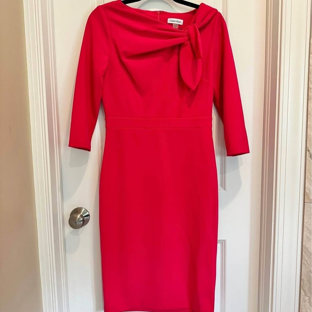 Calvin Klein Bright Red/Pink Bow-Detail Long Sleeve Sheath Dress